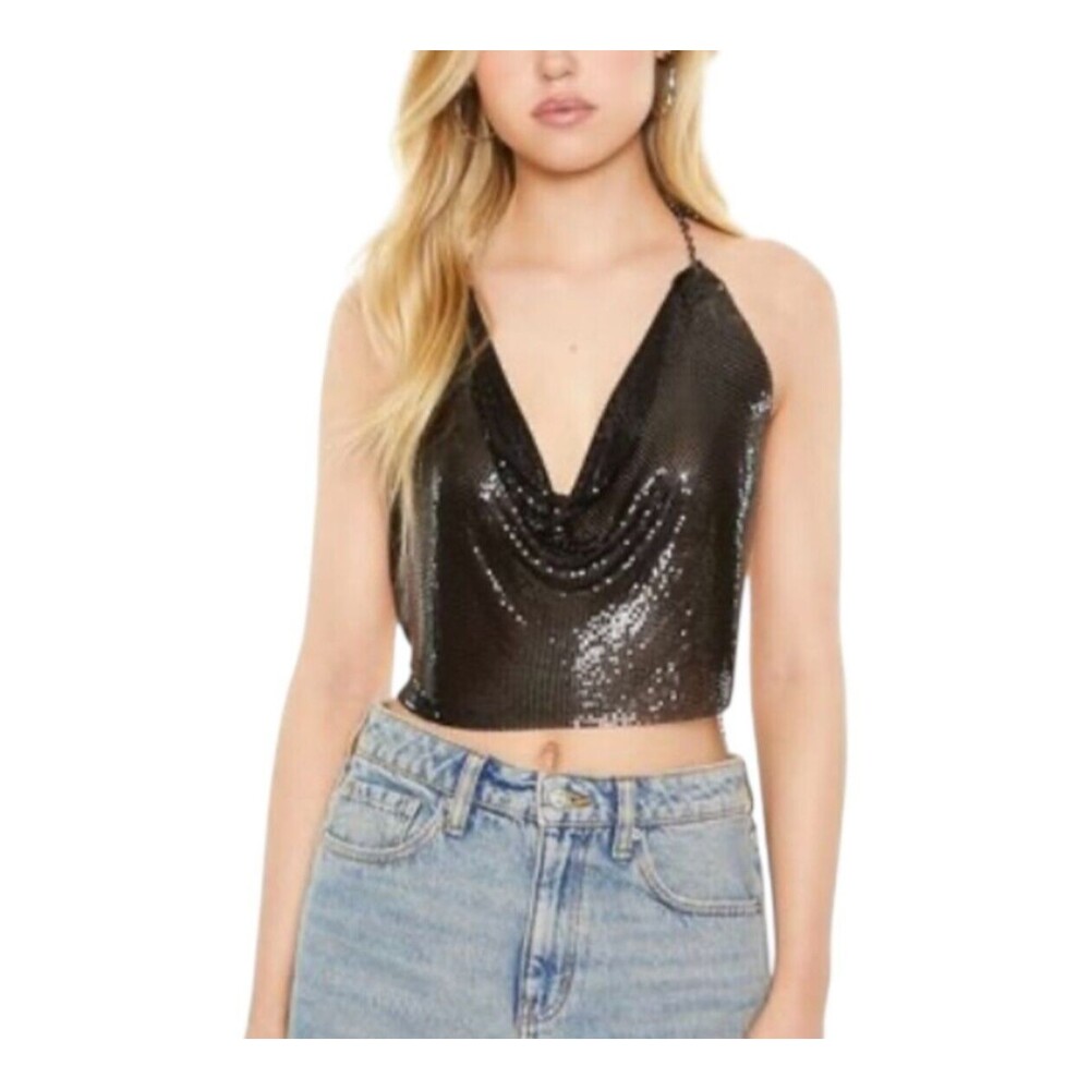 Forever 21 Women's Crop-top Plus Size 2X Black Metallic Spaghetti‎ Strap